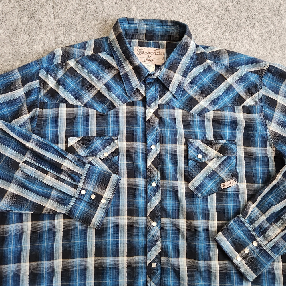 Wrangler Wrancher Western Plaid Pearl Snap Metallic Shirt Men’s 3X Blue Pockets